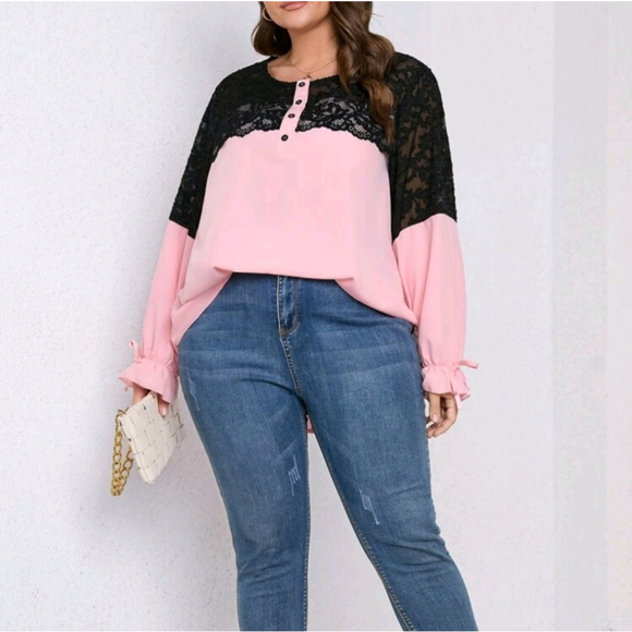 SHEIN Blush Pink & Black Contrast Eyelet Lace Flounce Sleeve Blouse Size 3XL - Picture 4 of 15